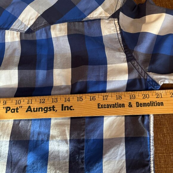 Mens Express LS Western Snap Plaid Shirt Blue & White Checkered Size M Vtg - Picture 6 of 9